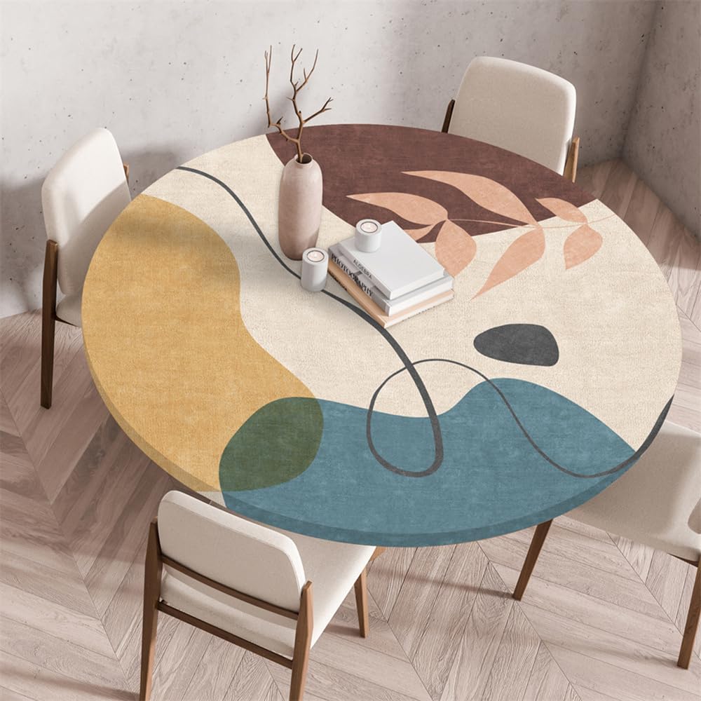 Chickwin Round Outdoor Tablecloth with Elastic Edge, Wipe Clean Circle Table Cover, Nordic Leaves Print Garden Table Fitted Tablecloth Non-Slip Stain-resistant Washable (Modern colors,90cm)