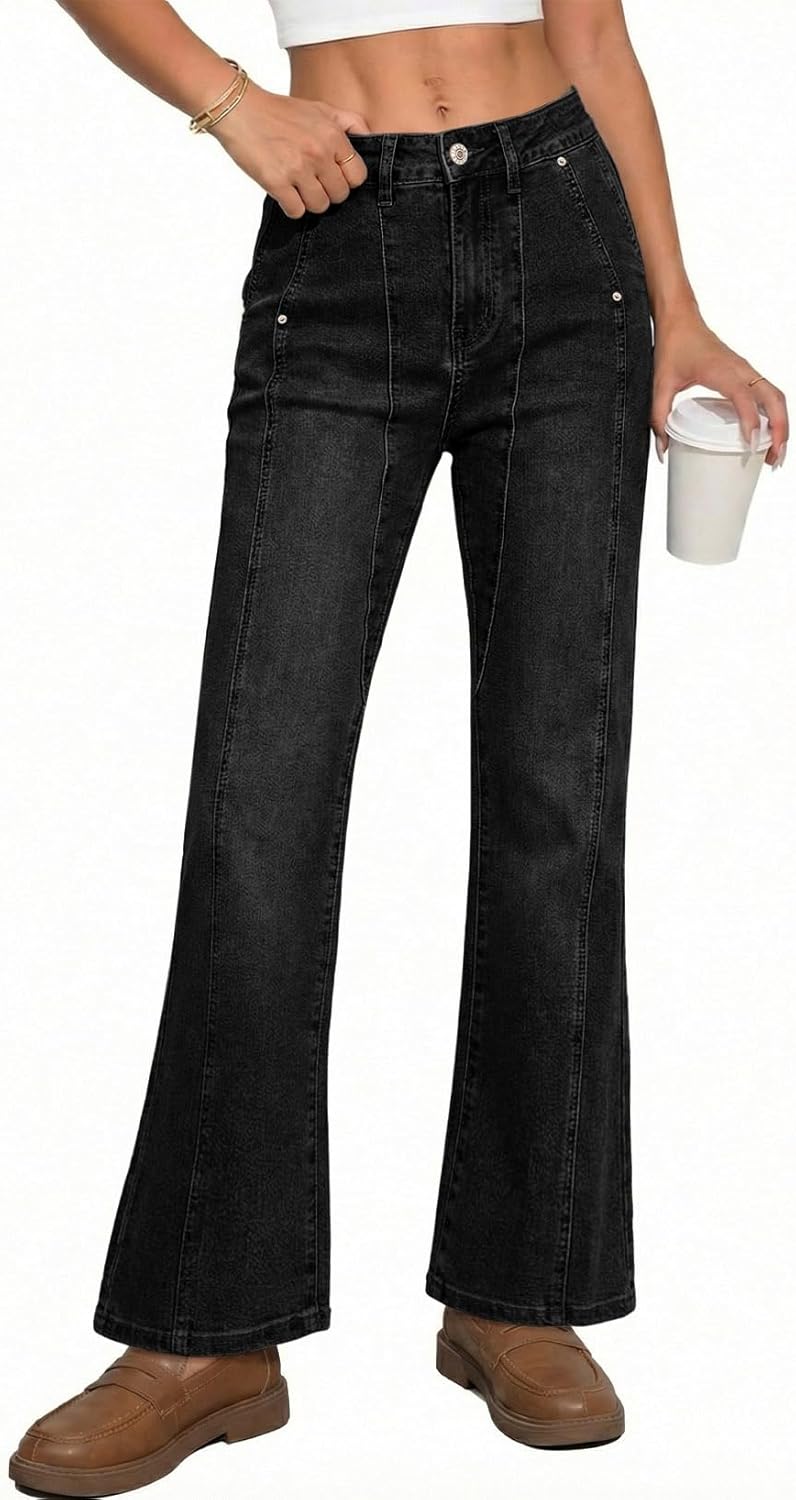 Astylish Women's Trendy Wide Leg Jeans High Waisted Stretchy Ankle Bootcut Jeans Straight Denim Pants with Slanted Pockets