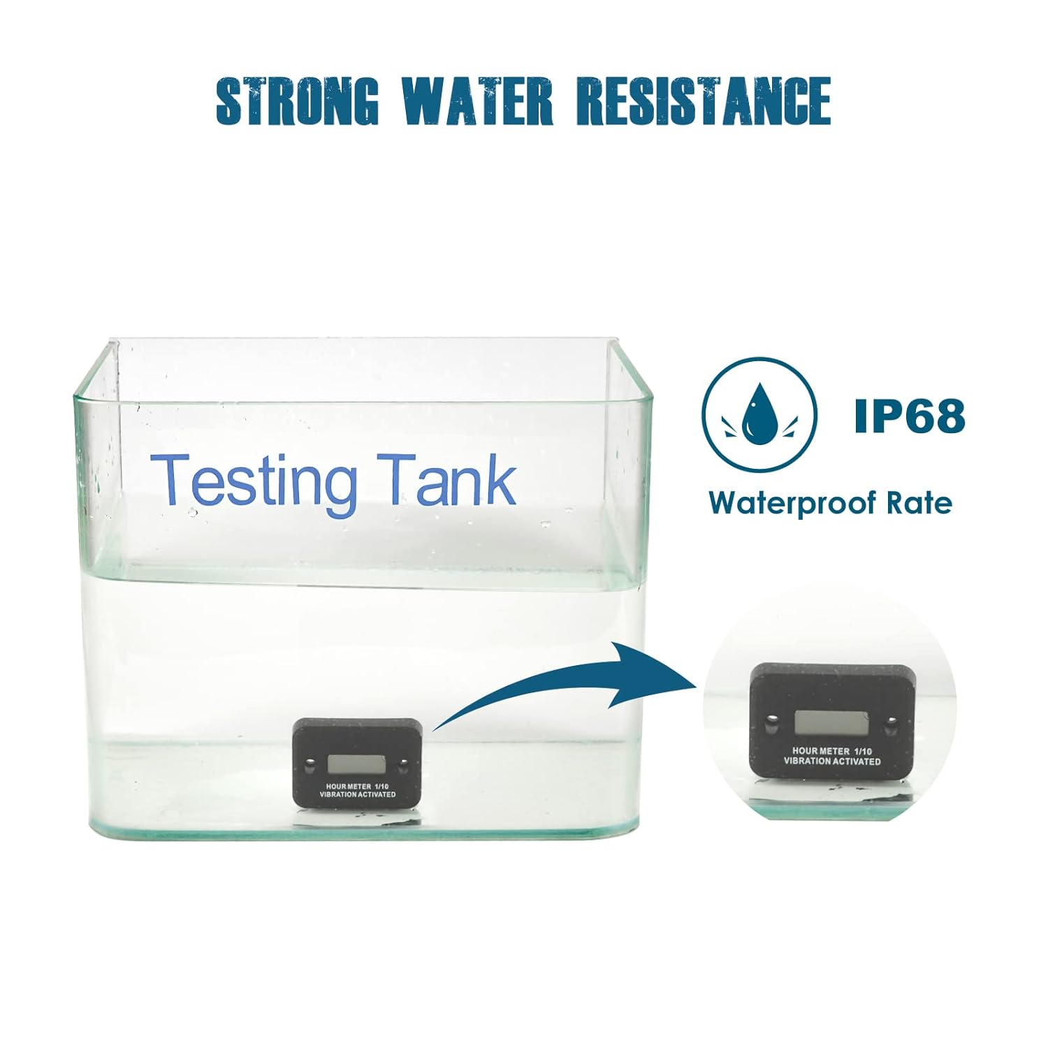 Runleader Hour Meter submerged in water demonstrating IP68 waterproof rating