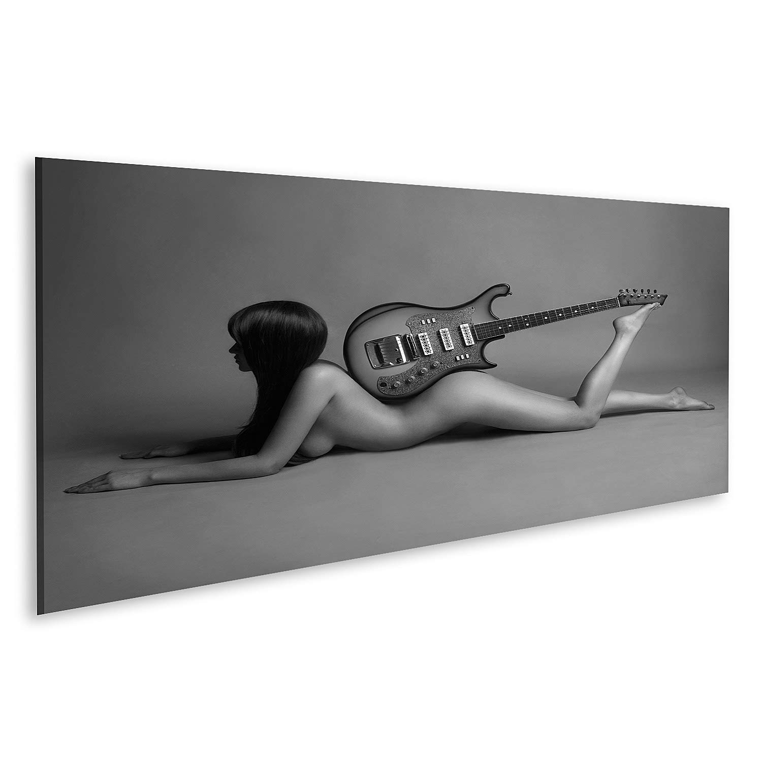 islandburner Quadro su tela Bella giovane donna con chitarra. ragazza musicale nuda. ritratto monocromatico di moda Stampe Arte Poster Murale