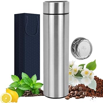 Insulated Water Bottles- Vacuum Tumbler for Coffee, Tea and Drinks with Stainless Steel Infuser - 15 oz Tea Thermo Travel Bottle/Keeps Drinks Hot or Cold for Hours/Gift Packing Silver