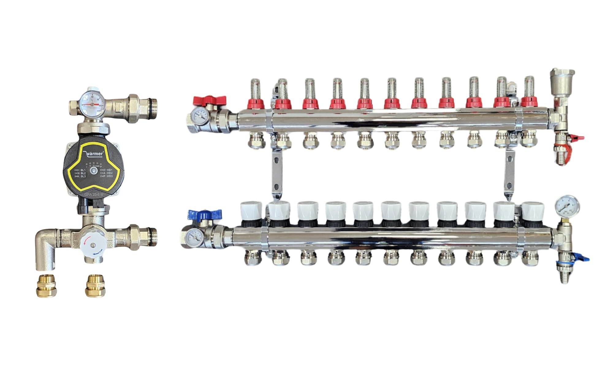 Wärmer System 11 Port Underfloor Heating Manifold with 'A' Rated Auto Pump GPA25-6 III and Blending Valve Set