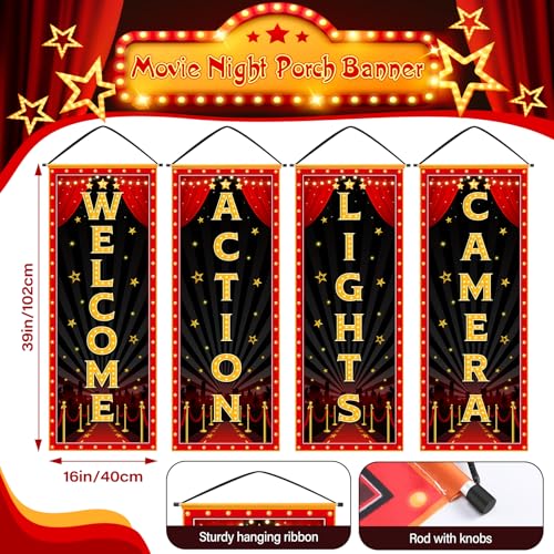 Image of Panelee 4 Pcs Movie Night Porch Banner Movie Themed Party Decorations Theater Welcome Lights Camera Action Front Door Sign Hanging Decoration for Home Photo Film Booth Backdrop Party Supplies