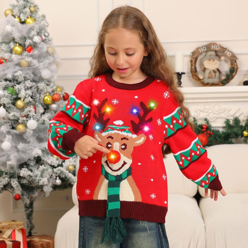 Maglione Natalizio Bambino con Luci, Maglioni Natalizi Bambini Divertenti, Girocollo Maglioncino Natalizio Famiglia Led Ugly Christmas Sweater,Brutti Maglioni di Natale per Bimbo/Bimba/Ragazza/Ragazzo