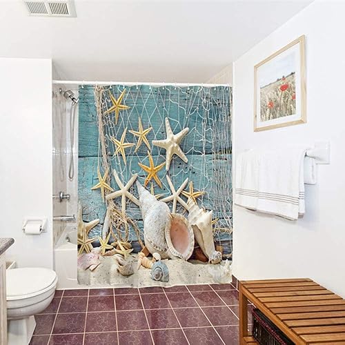 Miniatura 2 de IcosaMro Cortina de ducha náutica para baño, juego de cortina de ducha decorativa de tela larga con diseño de estrellas de mar de playa, 71 pulgadas