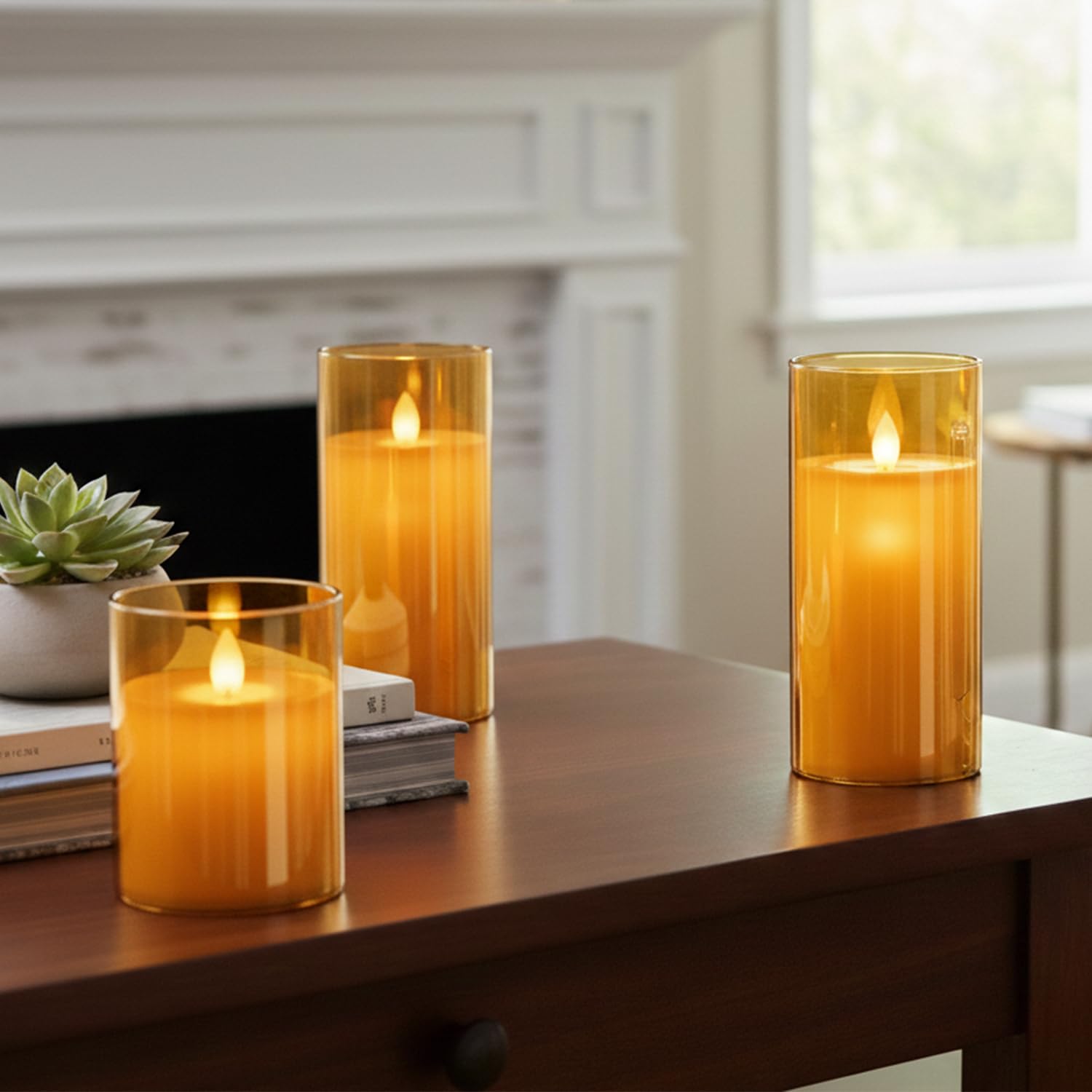 LTETTES LED Glass Cup Pillar Candle | Real Wax | Flameless Electric Candles with Flickering Faux Wick | Amber Color Glass | Battery Powered with Remote Controller for Home Decor (H-6" x D-3") 2