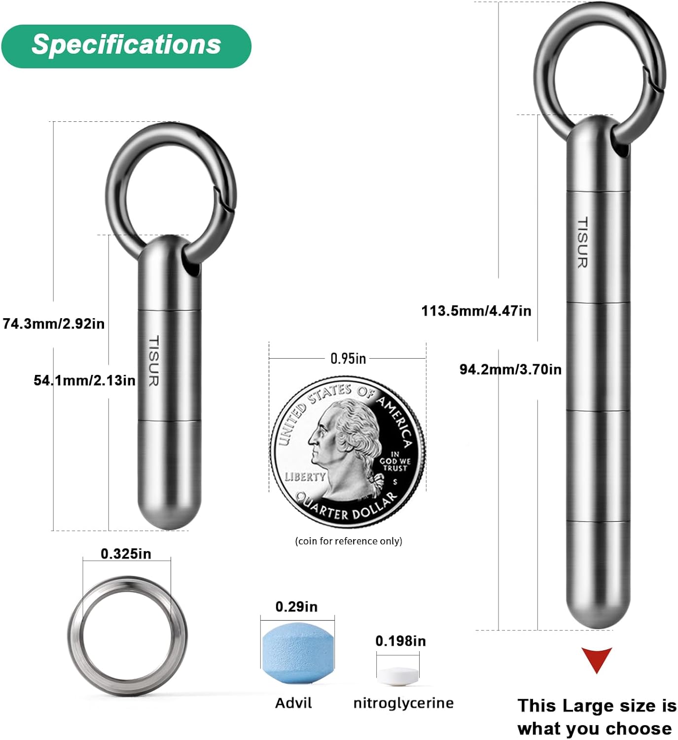 TISUR Large Keychain Pill Holder, Titanium Pill Case Waterproof Pill Fob for Travel Purse Pocket,Pill Organize