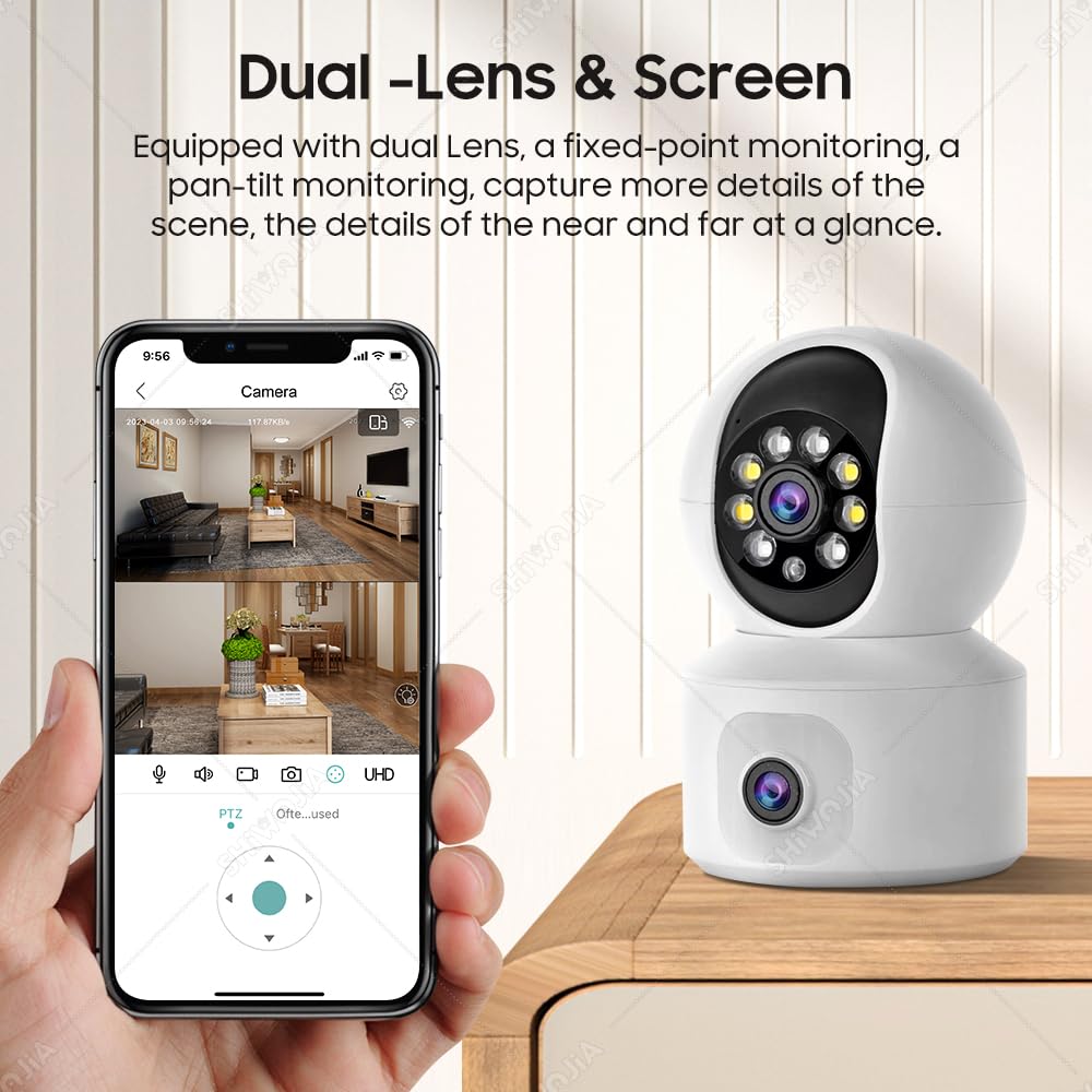 SHIWOJIA 2K 4MP Cámara de vigilancia WiFi interior, PTZ 360° Cámara con lente doble, visión nocturna inteligente, detección de persona y seguimiento automático, audio bidireccional