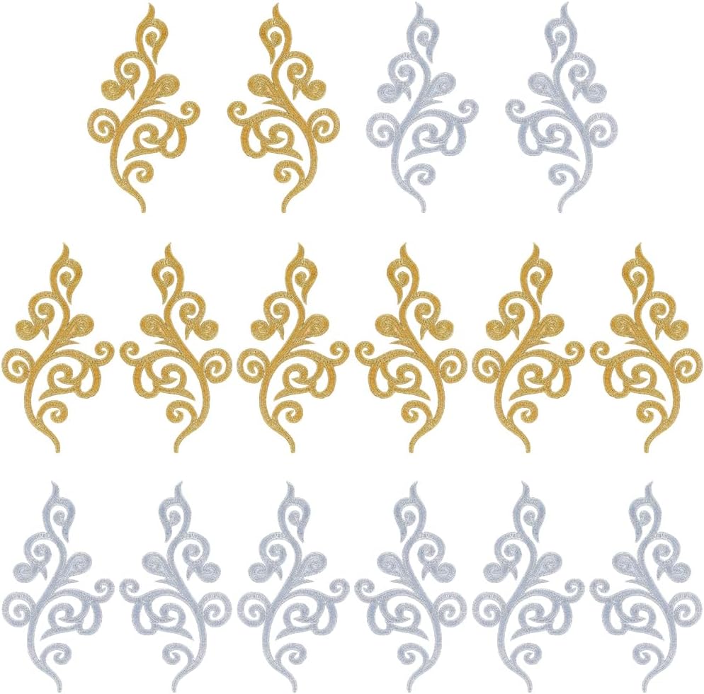 GORGECRAFT 8 Pairs Boho Embroidered Appliques Gold Silver Metallic Trimming Flower Ethnic Style Sew on Iron on Patch Swirl Appliques for DIY Sewing Crafts Wedding Dress Clothes Embellishments