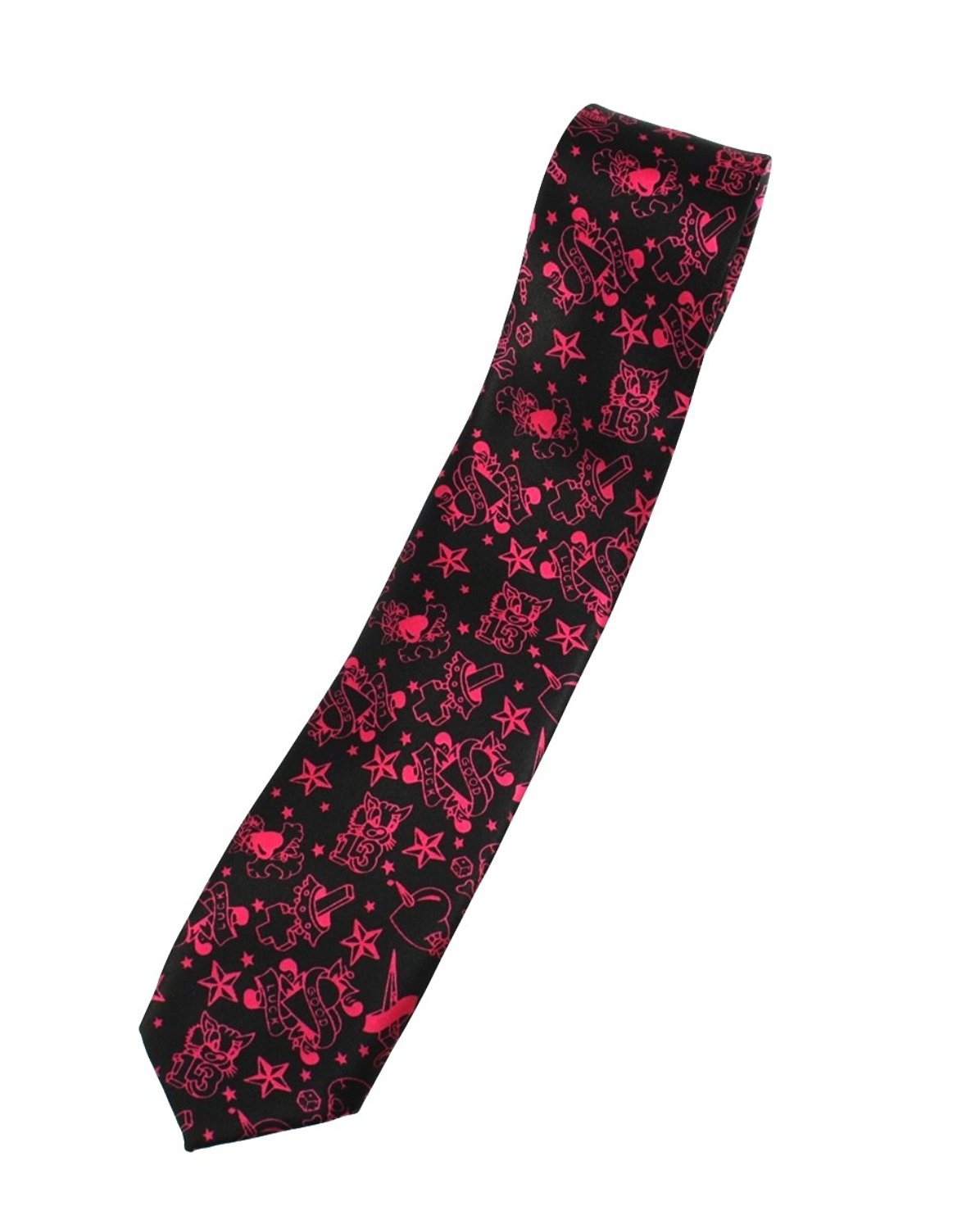 Zac's Alter Ego Neon Pink Skull & Crossbones, Hearts & Stars on Black Tie