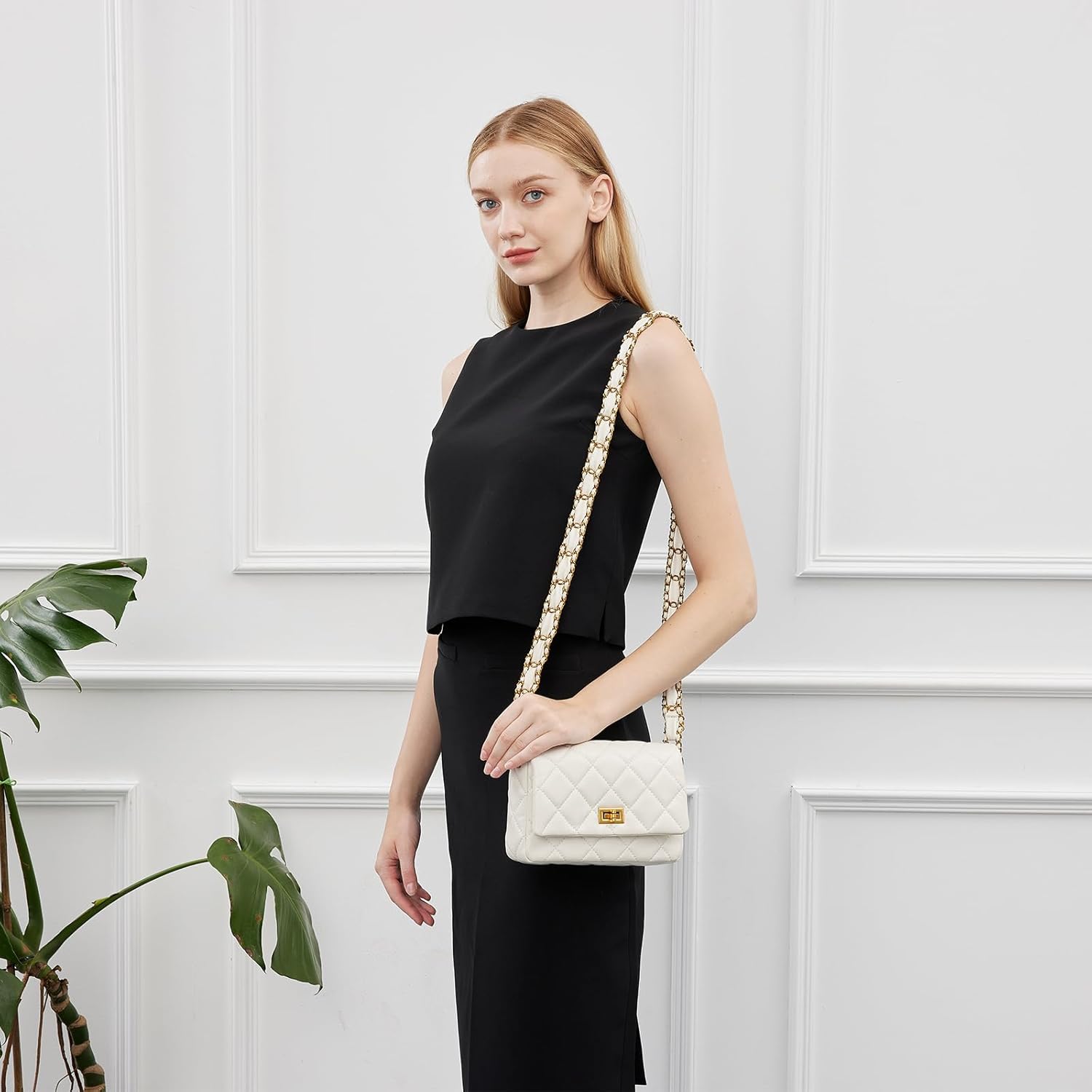 Quilted Bags for Women Soft Leather Shoulder Handbag Purse with Gold Chain Strap