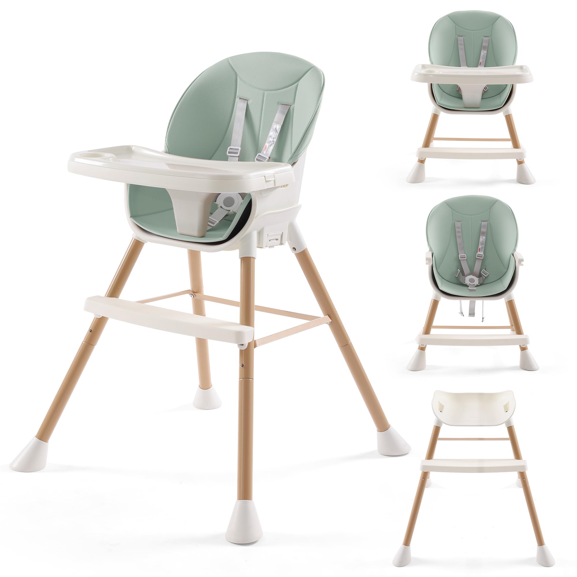 Photo 1 of 6-in-1 Convertible High Chair for Babies and Toddlers, Baby Feeding Chair with Adjustable Legs & Double Dishwasher Safe Tray, Infants Eating Chair with Footrest & Safety Harness (Mint Green)