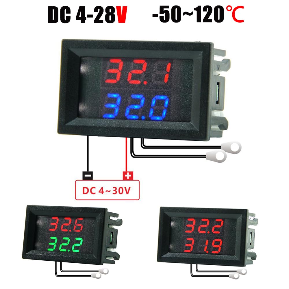 Cyfrowy miernik temperatury DC 4-28 V LED, podwójny wyświetlacz, wodoszczelny, regulator temperatury, z metalową sondą 1 m NTC do samochodu, pokoju i wnętrz (czerwony zielony)