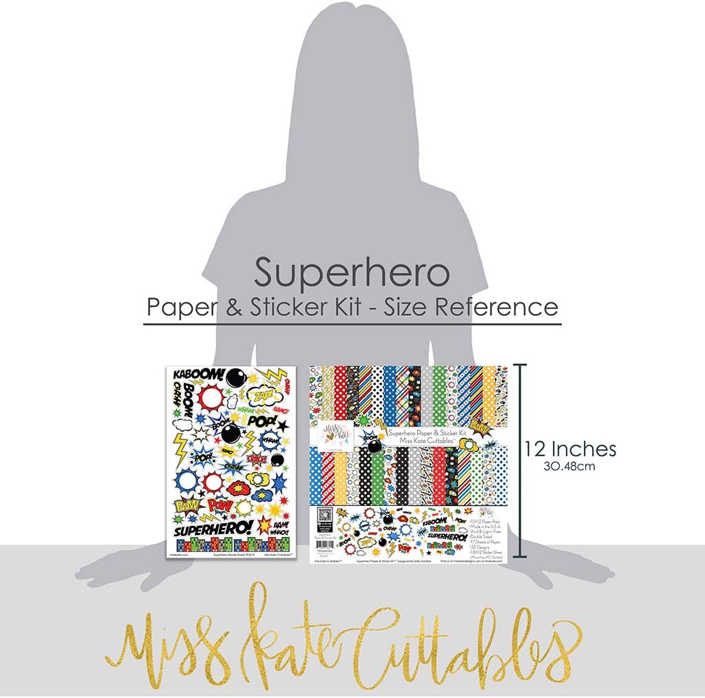Miss Kate Cuttables Paper & Sticker Kit - Superhero - for Marvel DC - 17 Double-Sided 12x12 Papers with 33 Designs & 1 8X12 Sticker Sheet - Scrapbooking Card Making Crafting