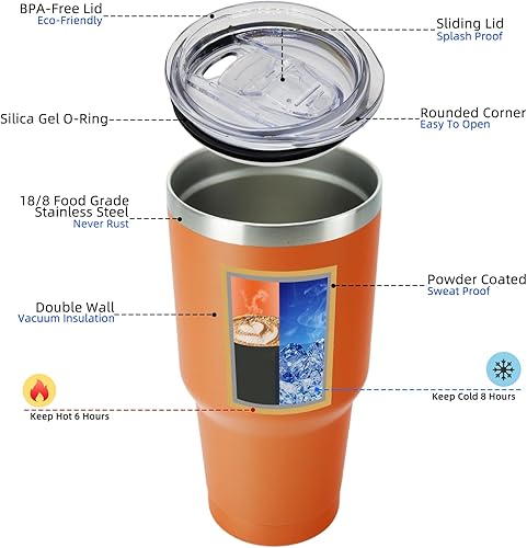 Miniatura 2 de BJPKPK - Vaso aislado con tapa abatible transparente y pajilla, reutilizable, de acero inoxidable, de 30onzas, para viajes, color naranja