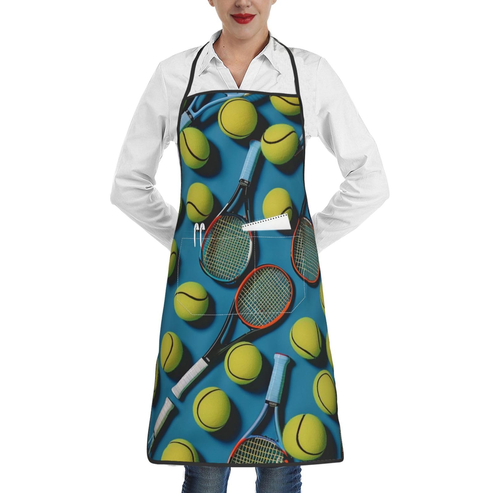 Smazdfxx Unisex As Pic Funny Tennis Racquets And Tennis Balls Printed Adjustable Cooking Apron With Pocket, Kitchen Apron,Chef Apron,20.4X28.3in