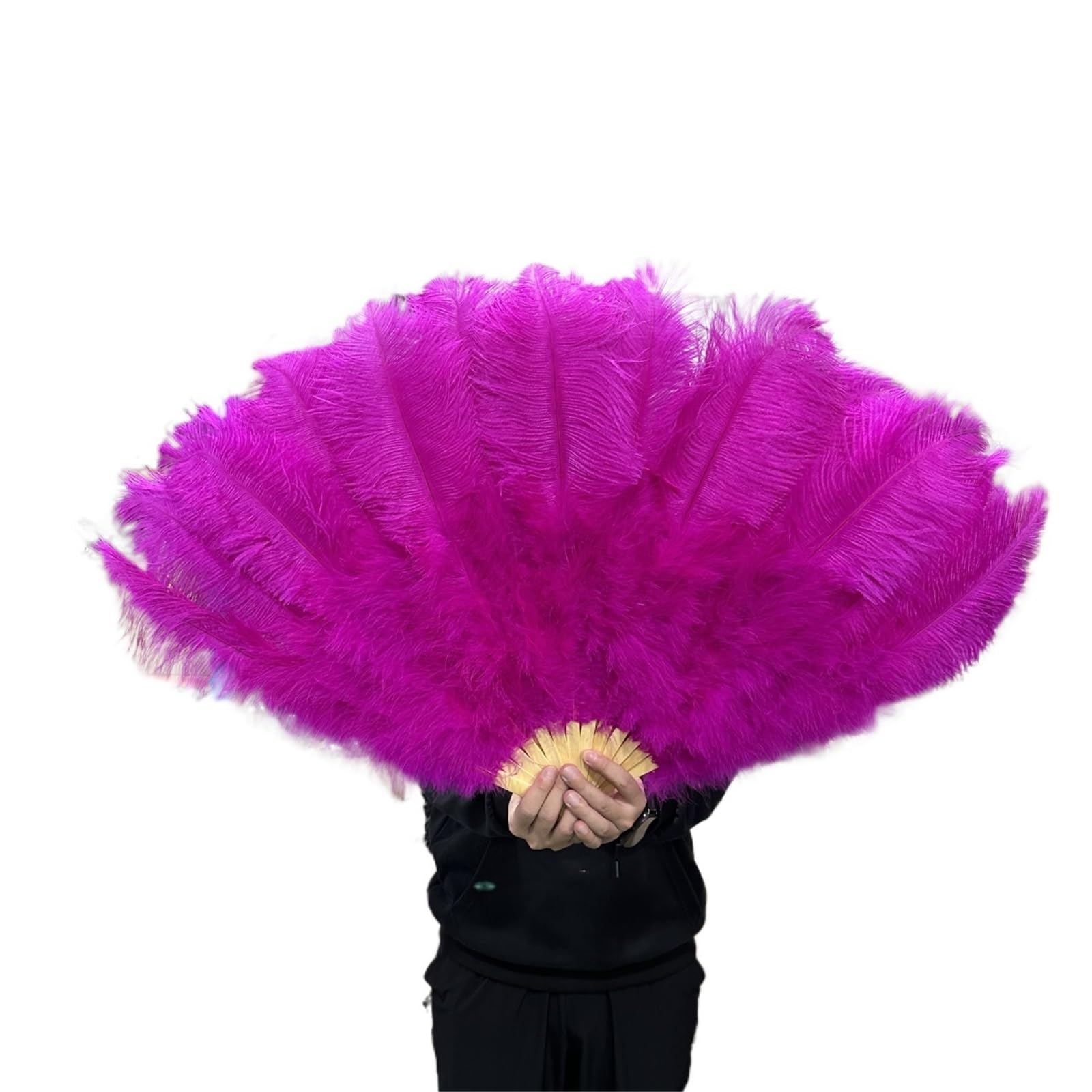 Grand éventail pliant en plumes d'autruche moelleuses - 13 branches - 100 cm / 130 cm - Pour mariage, fête, spectacle sur scène - Main gauche - 130 cm - Blanc