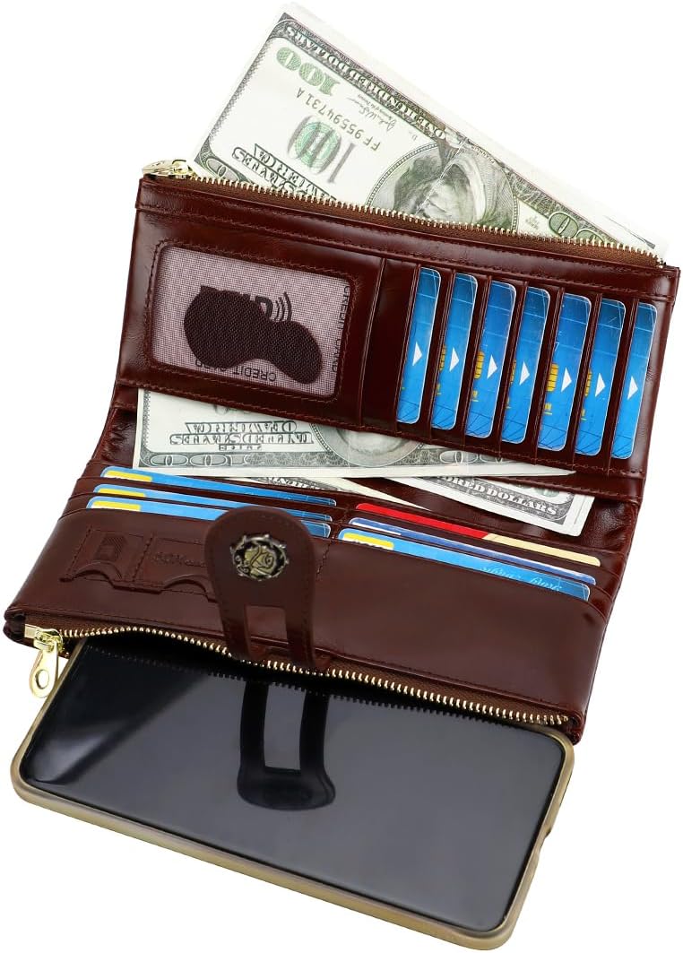 Women's RFID Blocking Wallet Soft Leather Clutch Money Ladies Purse Slim Card Holder Organizer Zip Pocket (3020-Coffee) - Image 7