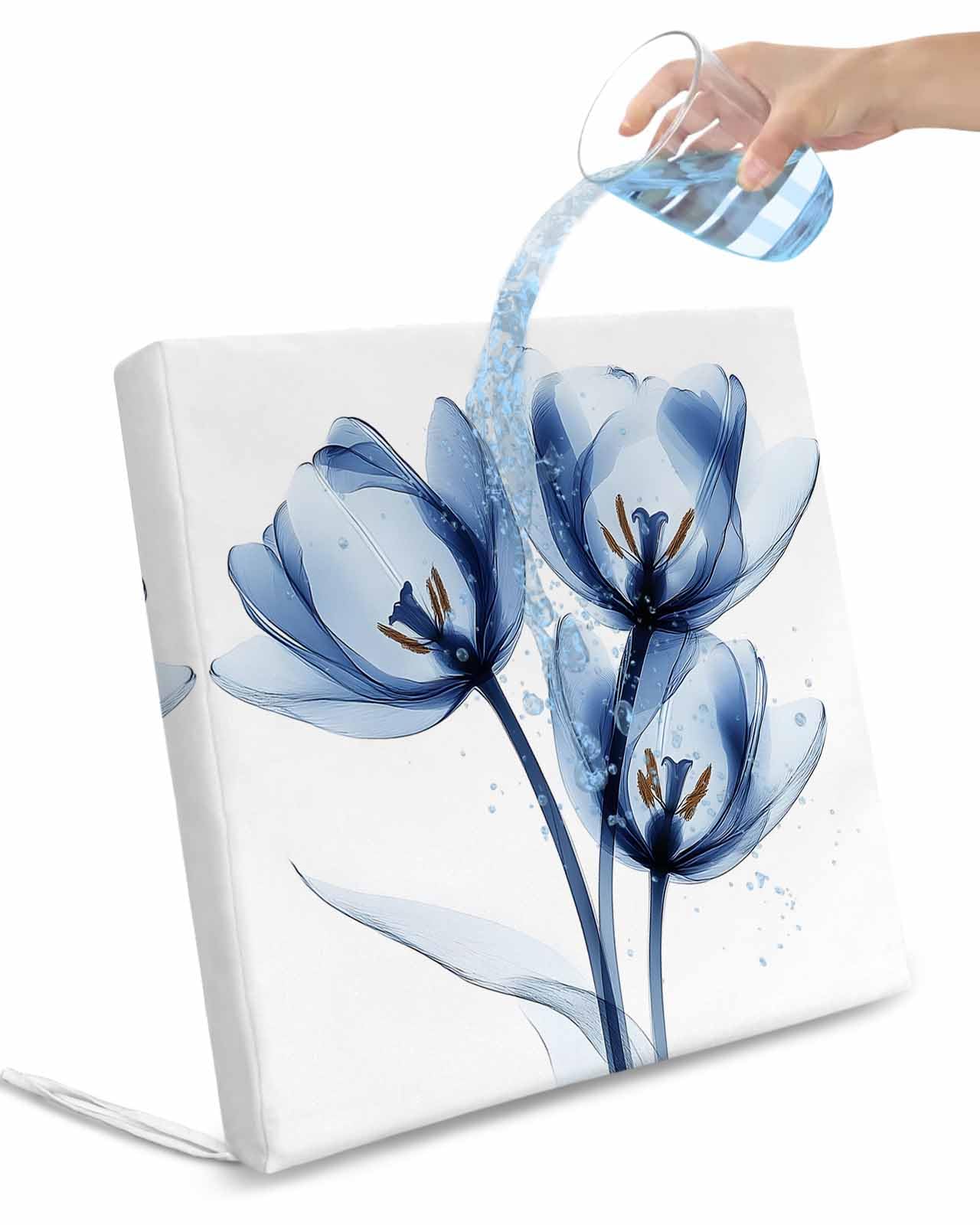 2 Pack Blue Flowers Waterproof Cushion Covers with Ties, Outdoor Patio Chaise Lounge Chair Seat Cushion Slip Covers Replacement(Only Cover) Botanical Ombre Tulip Floral Minimalistg 24
