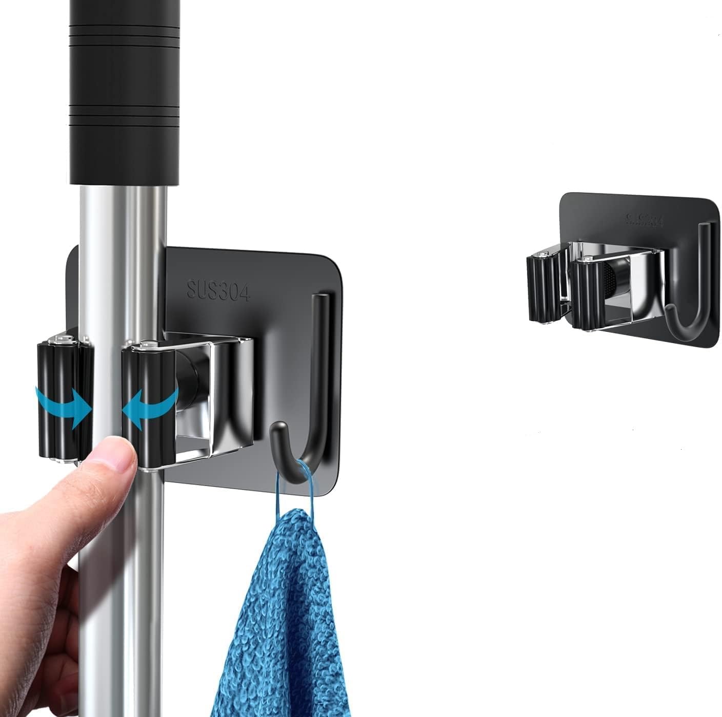 CANWAY® Stainless Steel 1 Rack with 1 Hook Heavy Duty Wall Mounted Broom and Mop Stick Holder, Hanging Tools for Home Kitchen Garden Laundry Garage Pack of 1 (Black)