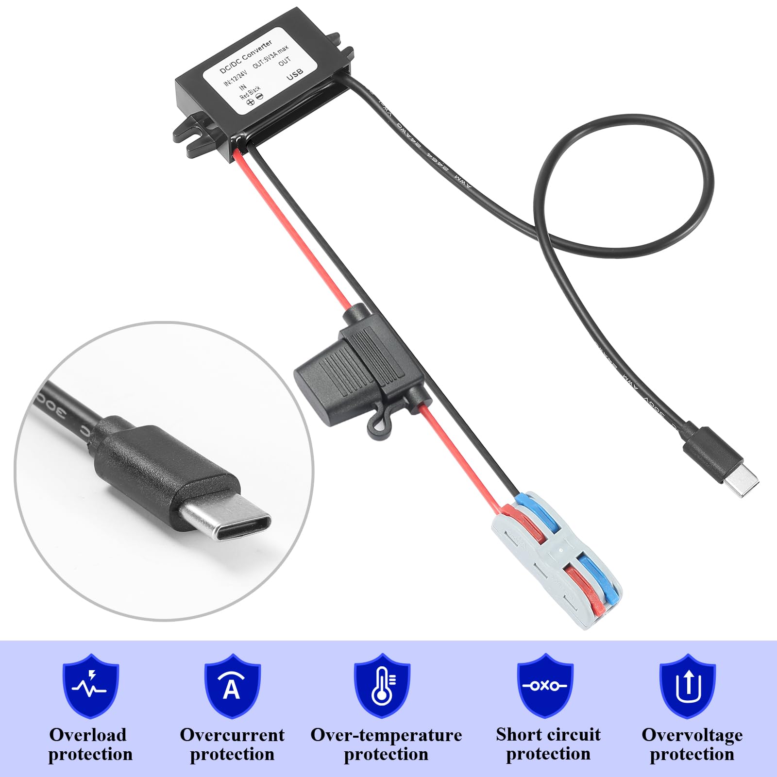 USB C Step down 12V/24V a 5V 3A 15W dc dc converter Buck Volt