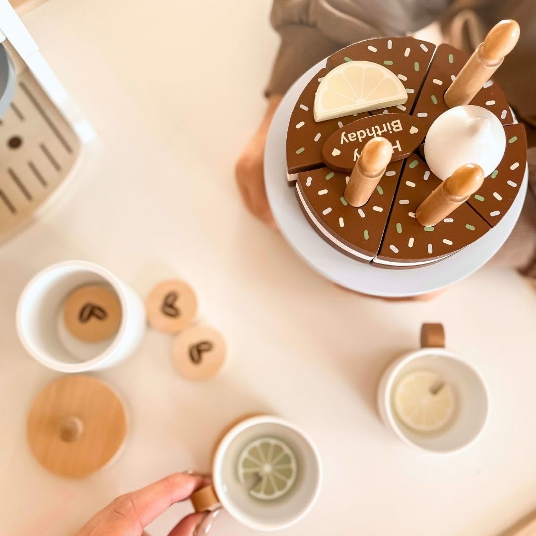 Mamabrum Drewniany Ekspres do Kawy i Herbaty dla Dzieci od 3 Lat, Maszyna do Kawy z Akcesoriami, Zabawkowa Kawiarnia, Serwis Kawowy dla Dziecka, Zabawki do Odgrywania Ról - Barista, Kucharz