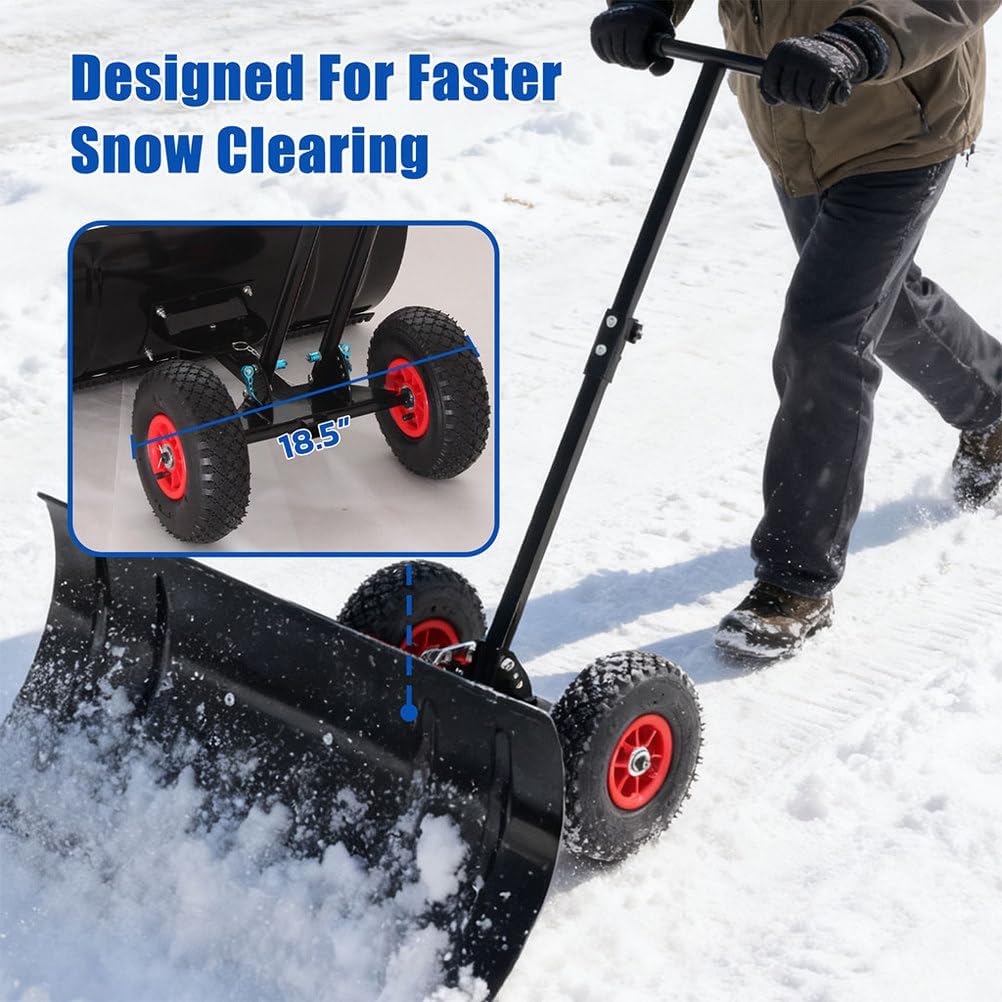 30" Heavy-Duty Metal Snow Pusher with Wheels, Adjustable Height & Angle Handle, Ergonomic Snow Shovel for Driveway, Sidewalk, Patio, and Pathway Snow Removal (Black)