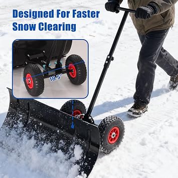 30 Heavy-Duty Metal Snow Pusher with Wheels, Adjustable Height & Angle Handle, Ergonomic Snow Shovel for Driveway, Sidewalk, Patio, and Pathway Snow Removal (Black)