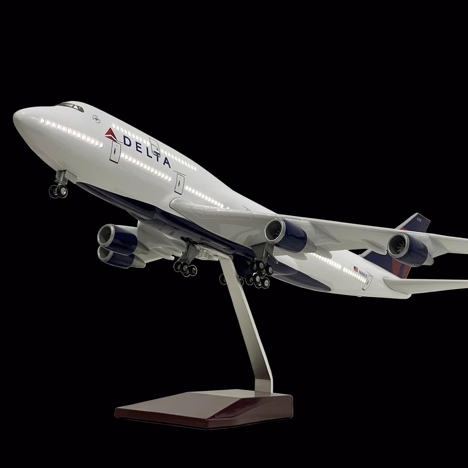 B747 Model Airplane 18.1 Inches Long 1/150 Scale B747 Model with LED Lights and Airport Scene Accessories Ideal Display and Gift
