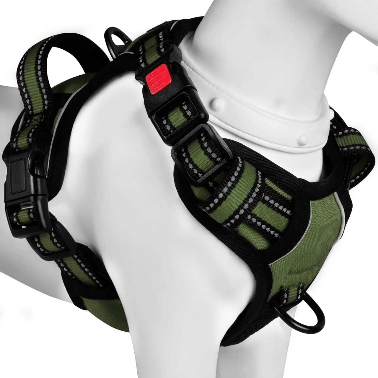 BaoCheng Anti-Pull Dog Harness, Small/Medium/Large Dogs, Breathable Mesh, Easy Loading and Unloading, 3 Buckles, Safety, Relieves Coughs, Reflective (Army Green, M)