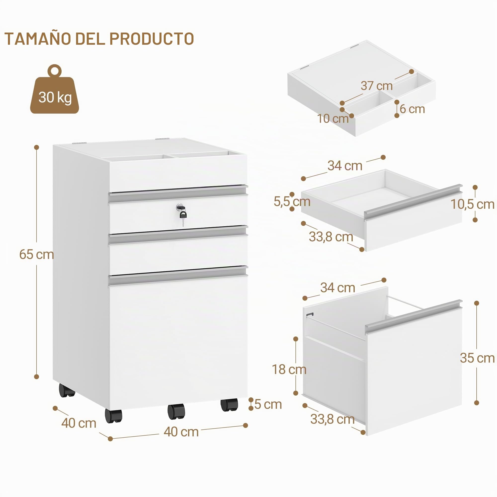 Hzuaneri Cajonera Escritorio, Archivador Móvil con Ruedas, 3 Cajones, para Estudio, Oficina, 40 x 40 x 70 cm, Blanco FC41003X