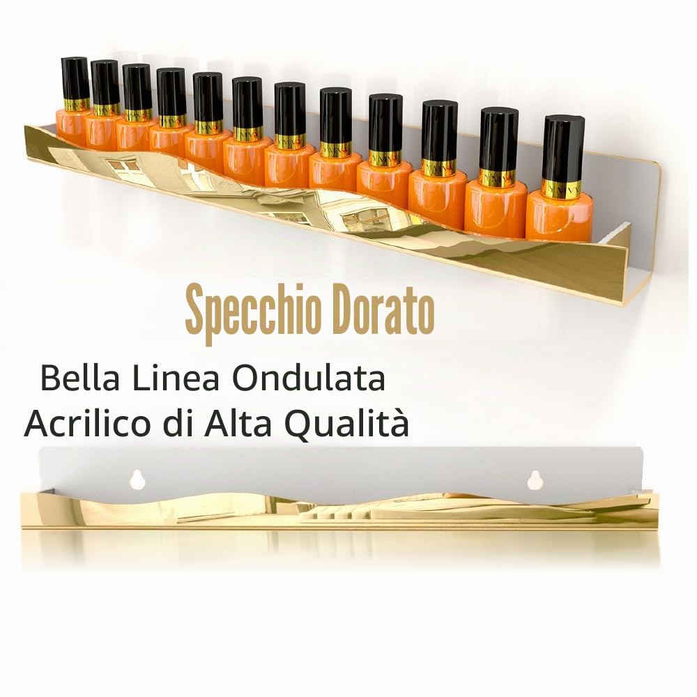 YMVV Organizer da parete per smalti, 38,1 cm, finitura a specchio dorato, per riporre smalti e cosmetici essenziali, espositore multiuso per piccoli spazi, bagno di vanità, confezione da 6