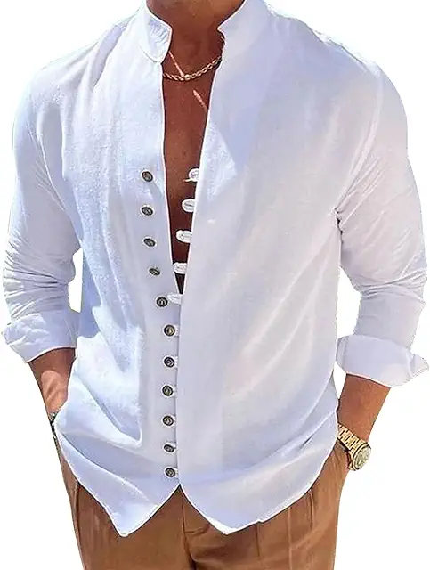 Camisa de Lino Hombre Manga Larga con Cuello Mao - Casual y Transpirable para Verano