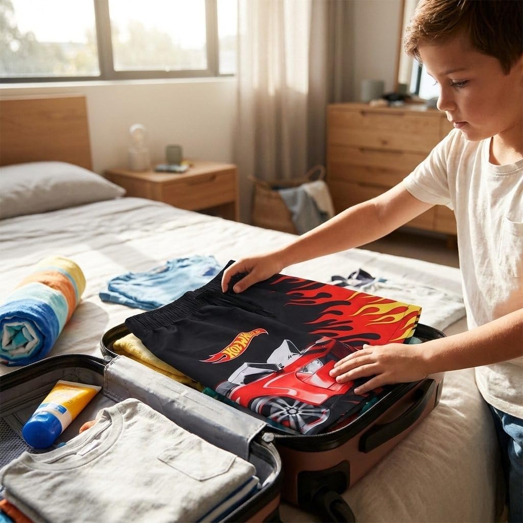Hot Wheels Bermuda Badehose für Kinder – Strand- und Pooltaugliche, schnelltrocknende und chlorbeständige Badehose mit verstellbarem Kordelzug und Taschen