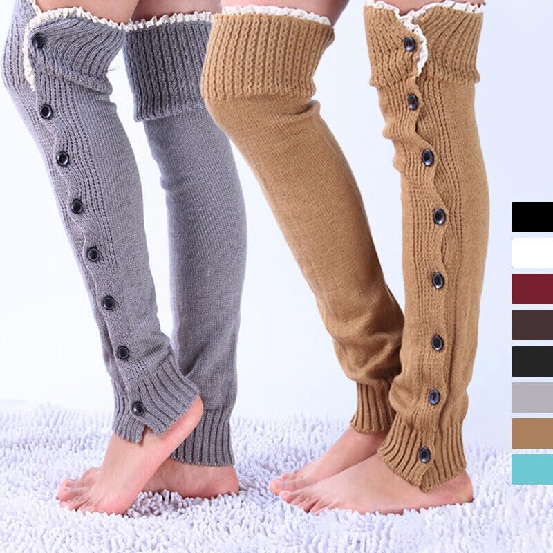 Image of GK-O Women's Kawaii Lolita Lace Knitted Leg Warmer Over Knee Thigh-high Button Socks (Coffee), Medium