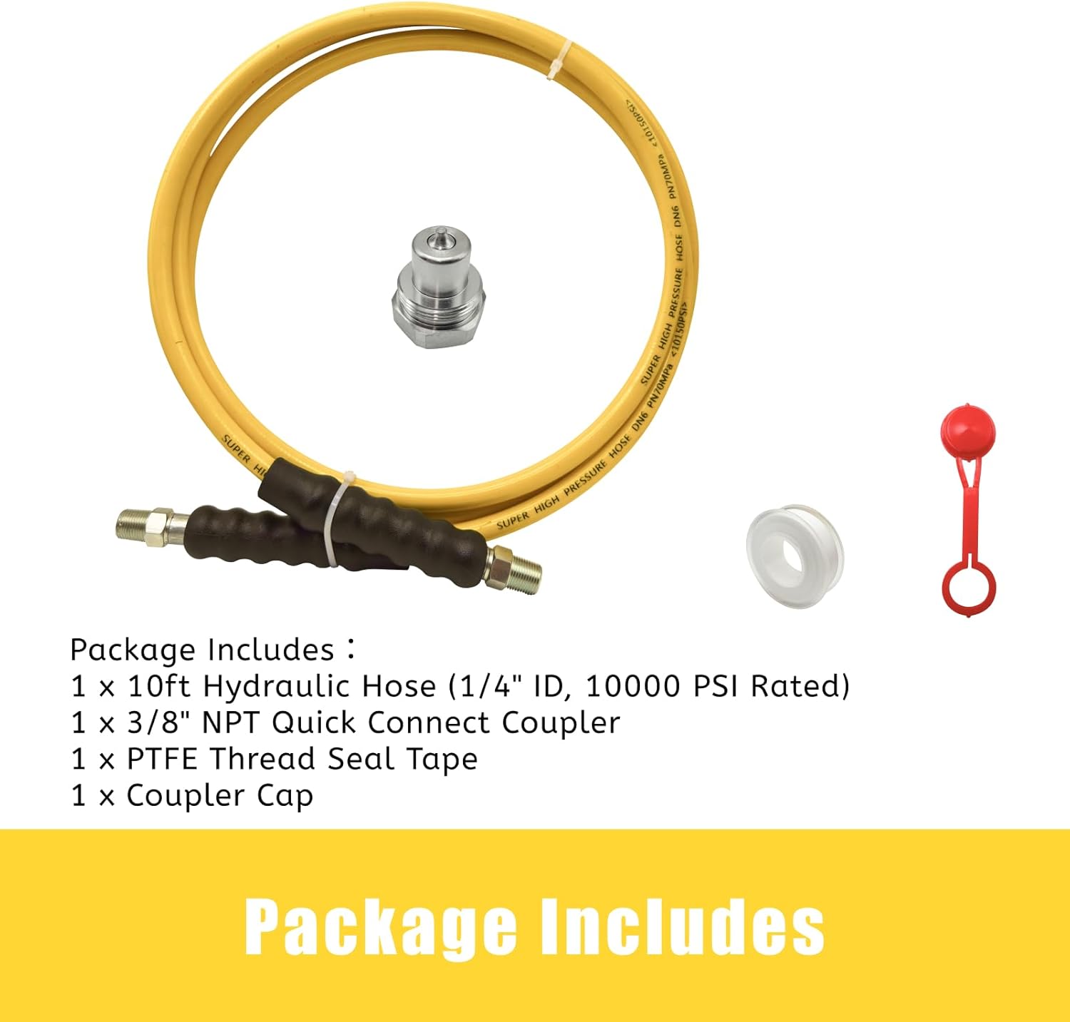 10 Feet High Pressure Hydraulic Hose CH-604 with 3/8 Inch NPT Thread Kit 1/4" ID x 10 ft Thread Hydraulic Hose Assembly 10000Psi with Coupler Cap Yellow