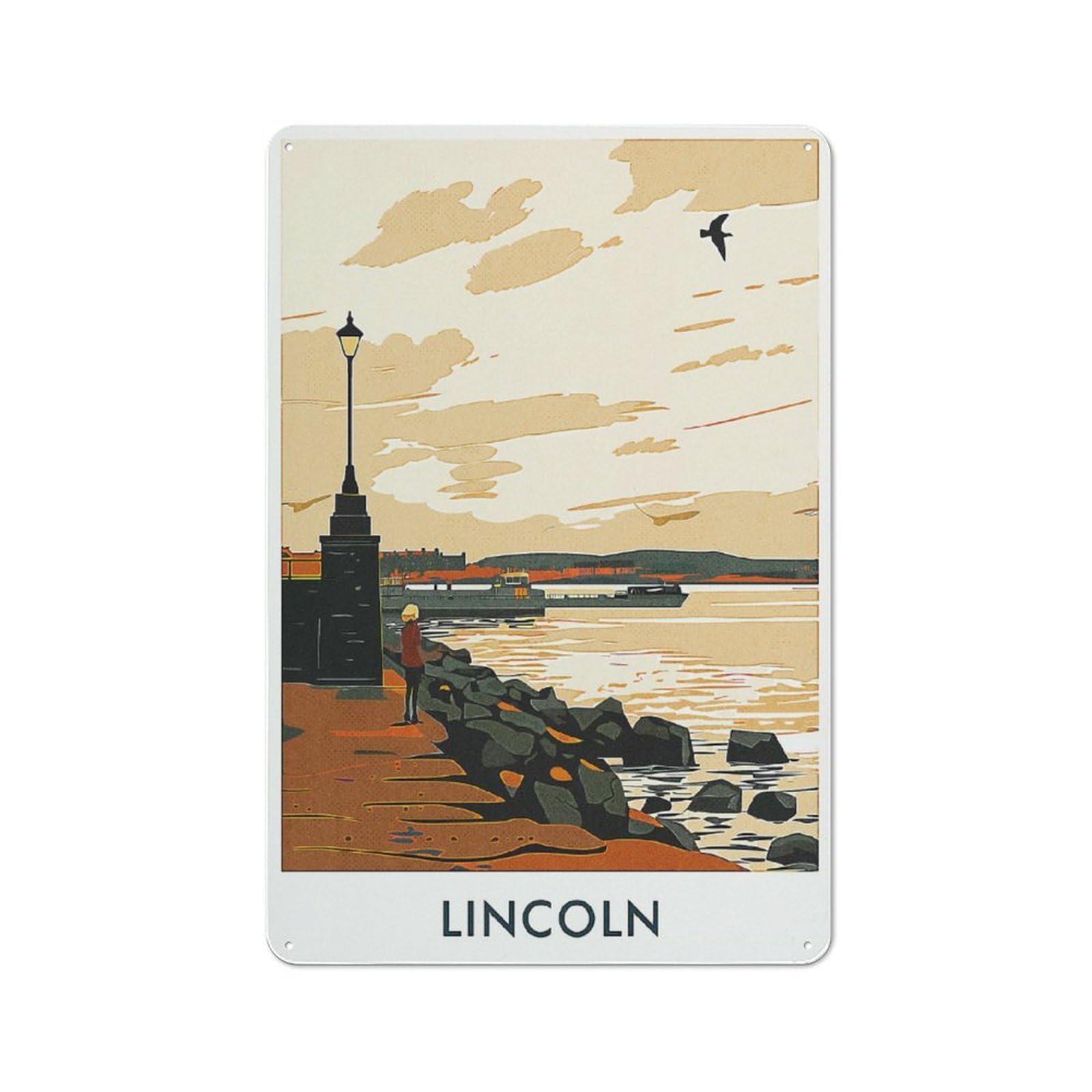 Rustic Tin Sign 30x20cm Featuring Lincoln Cityscape for Garage Or Workshop, for Garage, Workshop And Man Cave Decoration