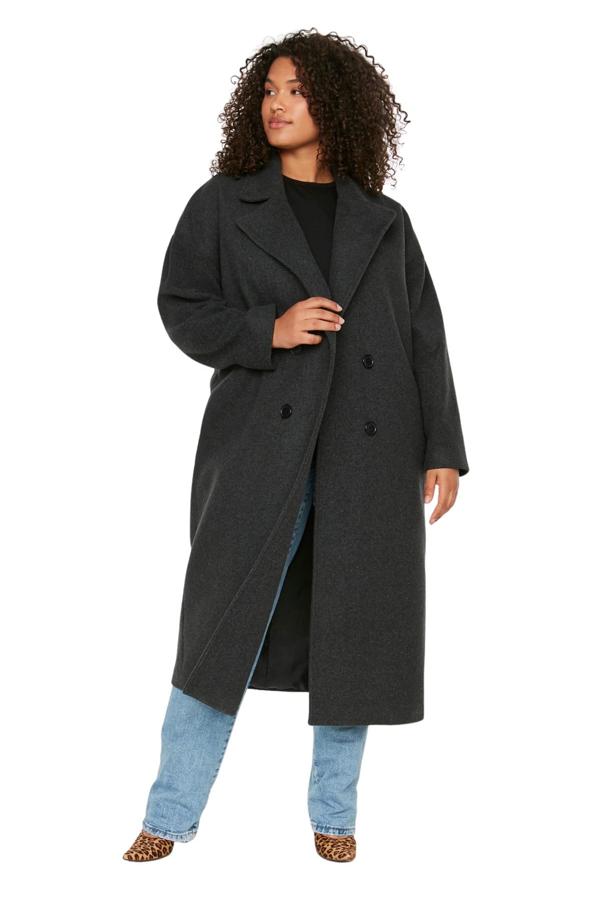 Trendyol Damen Gerade Lange Ärmel Entspannt Mantel in Plus Size