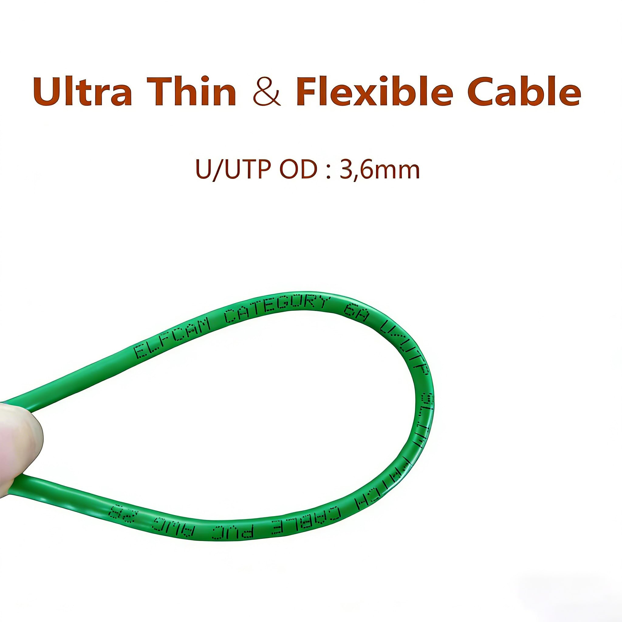 Elfcam - Zestaw 20 zielonych kabli Ethernet Cat 6A, Ultra Slim 10 Gb/s 28AWG UTP OD3,6 mm 500 MHz, przewody z czystej miedzi Cat6a Fin 10 GB do centrów danych, 3M