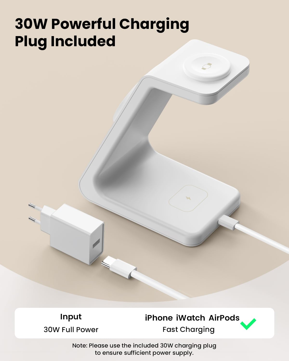 GEEKERA 3-in-1 Ladestation mit MagSafe, 15W Schnell Induktive Ladegerät für iPhone Air/17/16/15/14/13, Schnellladegerät für Apple Watch 11-2, Fast Charger Station für AirPods, Weiß