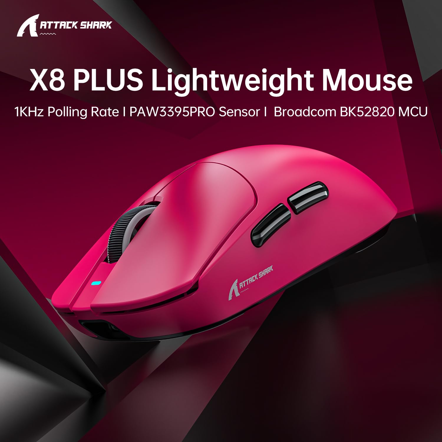 MAMBASNAKE ATTACK SHARK X8PLUS Mouse da Gioco Wireless, Sensore PixArt PAW3395PRO, 40000 DPI, BT/2.4G/Cablato, Mouse Superleggero da 55g, Piedini in PTFE a Doppio Strato, per PC/Xbox/Mac (Rosso Berry)