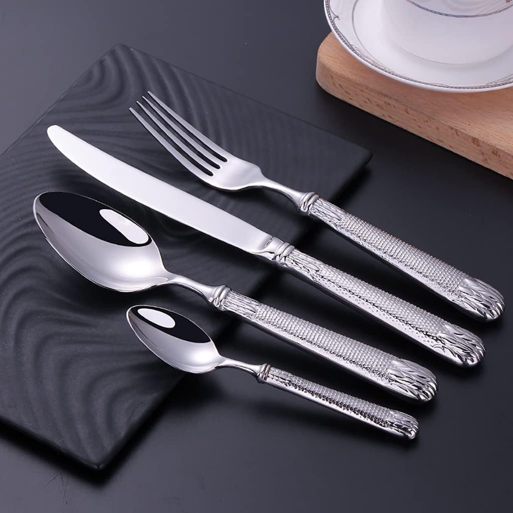 Cutlery Set with Wheat Ears Relief Carving,Stainless Steel Heavy Duty Silverware Set, Knife Fork Spoon Set，Silver for 4 Set 16pcs