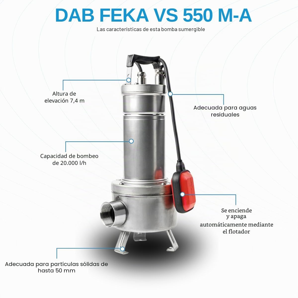 DAB FEKA VS 550 M-A - Bomba centrífuga sumergible de acero inoxidable con flotador para drenaje de aguas residuales 0,55 kW/0,75 HP monofásico