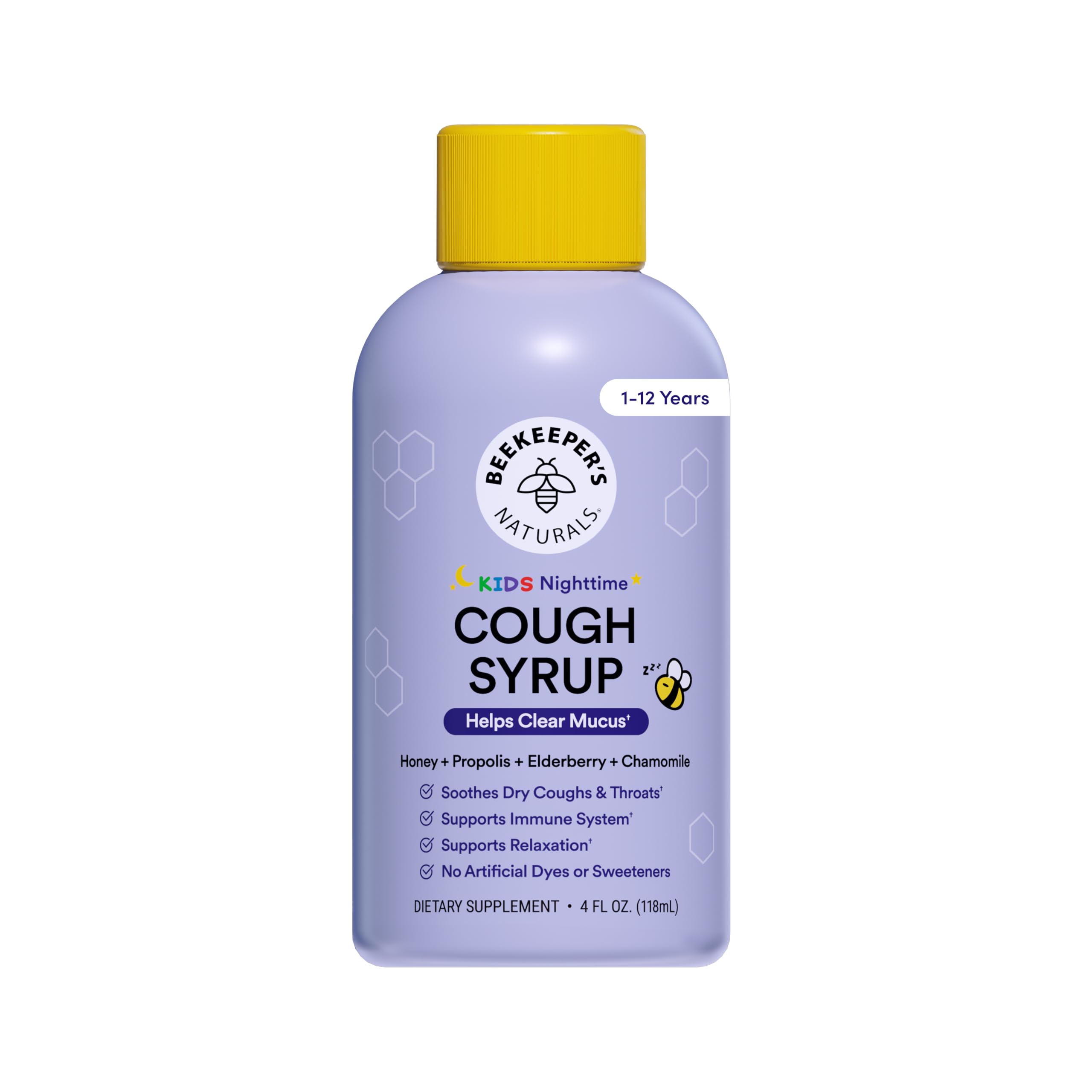 Beekeeper's Naturals Honey Cough Syrup for Kids, Elderberry, Night, 4oz