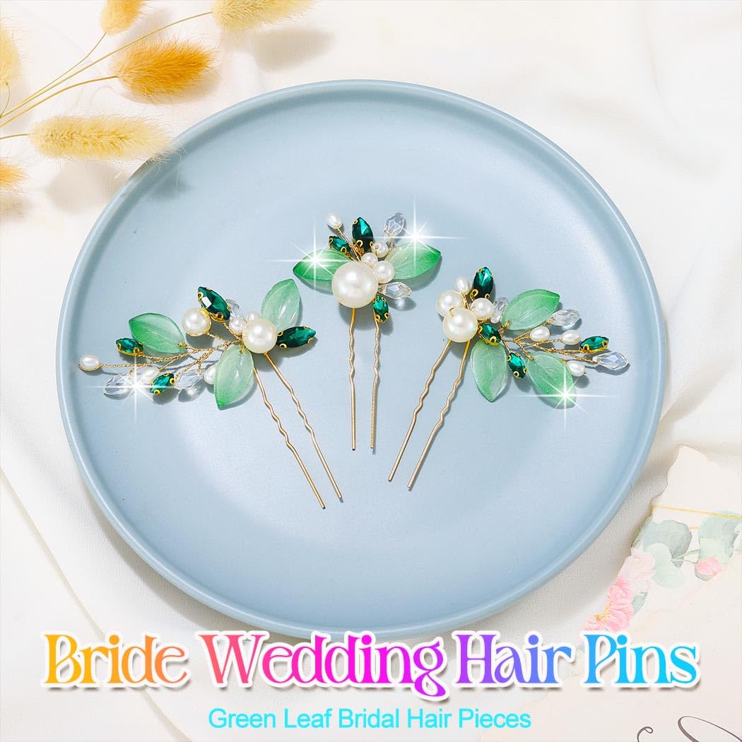 HEREAD Pearl Bride Wedding Hair Pins Gold Leaf Bridal Hair Pieces Crystal Hair Accessories for Women (Pack of 3) (Gold) - Image 2