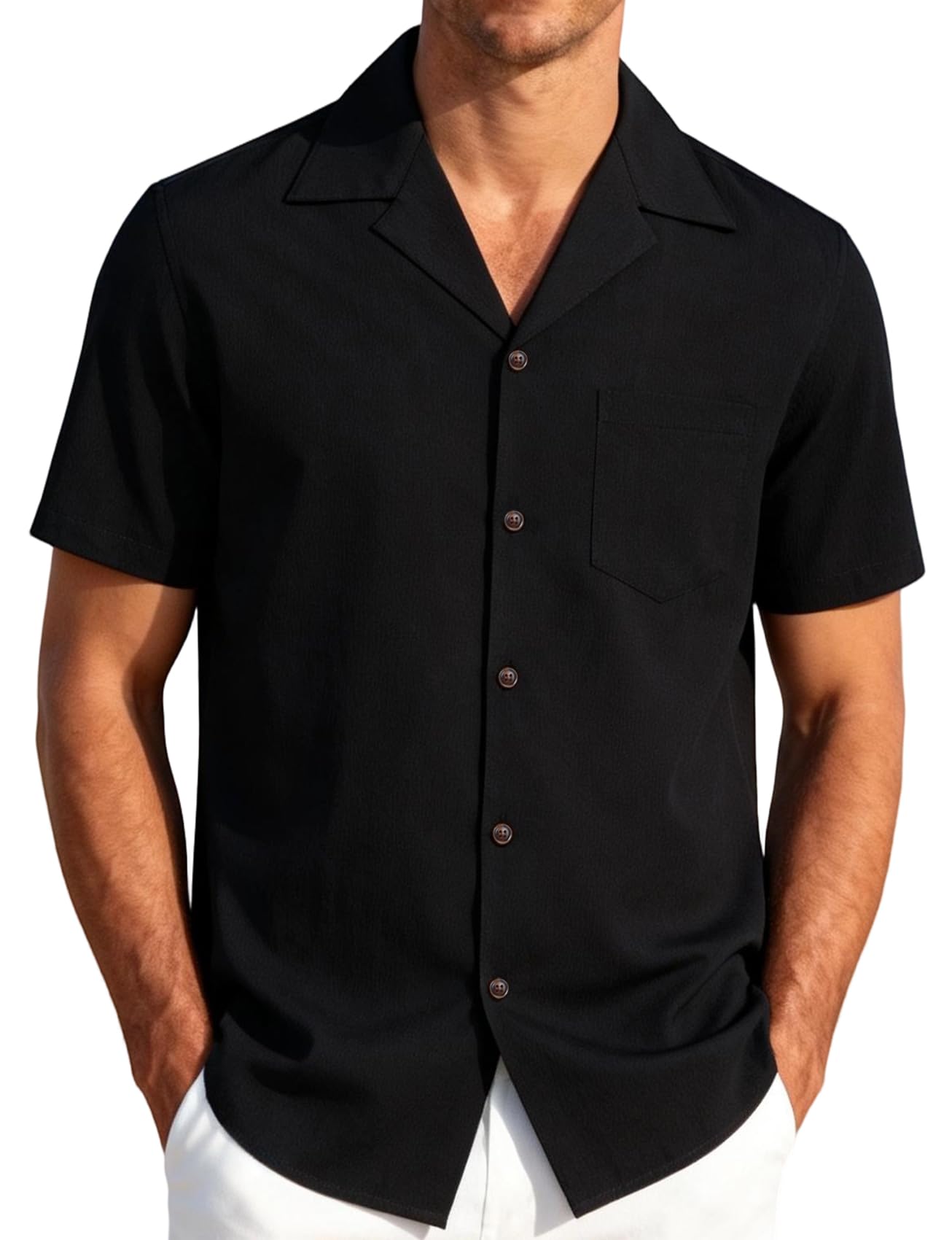 JEMITOP Men's Stretch Cuban Collar Shirt Summer Lightweight Short Sleeve Button Down Shirts with Pocket for Beach Vacation