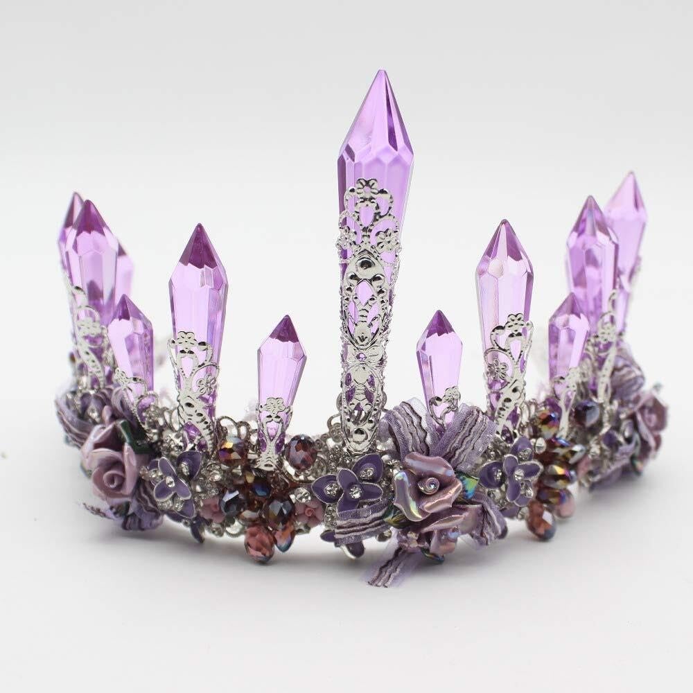 Vintage Purple Crystal Crown Tiara for Women, Queen King Wedding Bridal Headpiece, Prom Flower Headdress, Noble Headdress