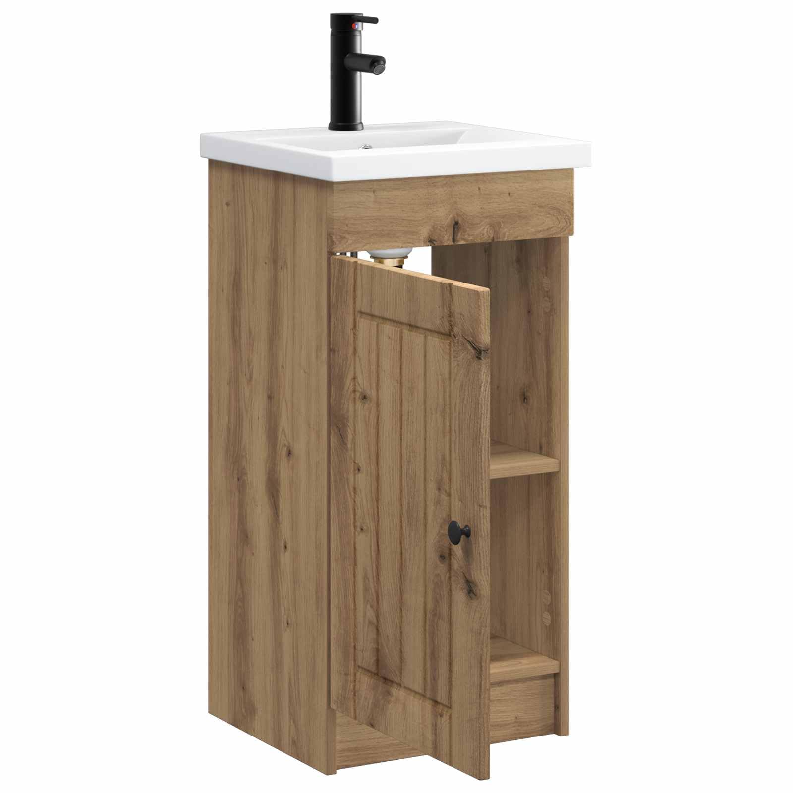 Mobile da bagno con lavandino in rovere Artisan, mobile da bagno con maniglie in metallo, 42 x 40 x 84,5 cm, spazio per riporre oggetti con ripiano e anta