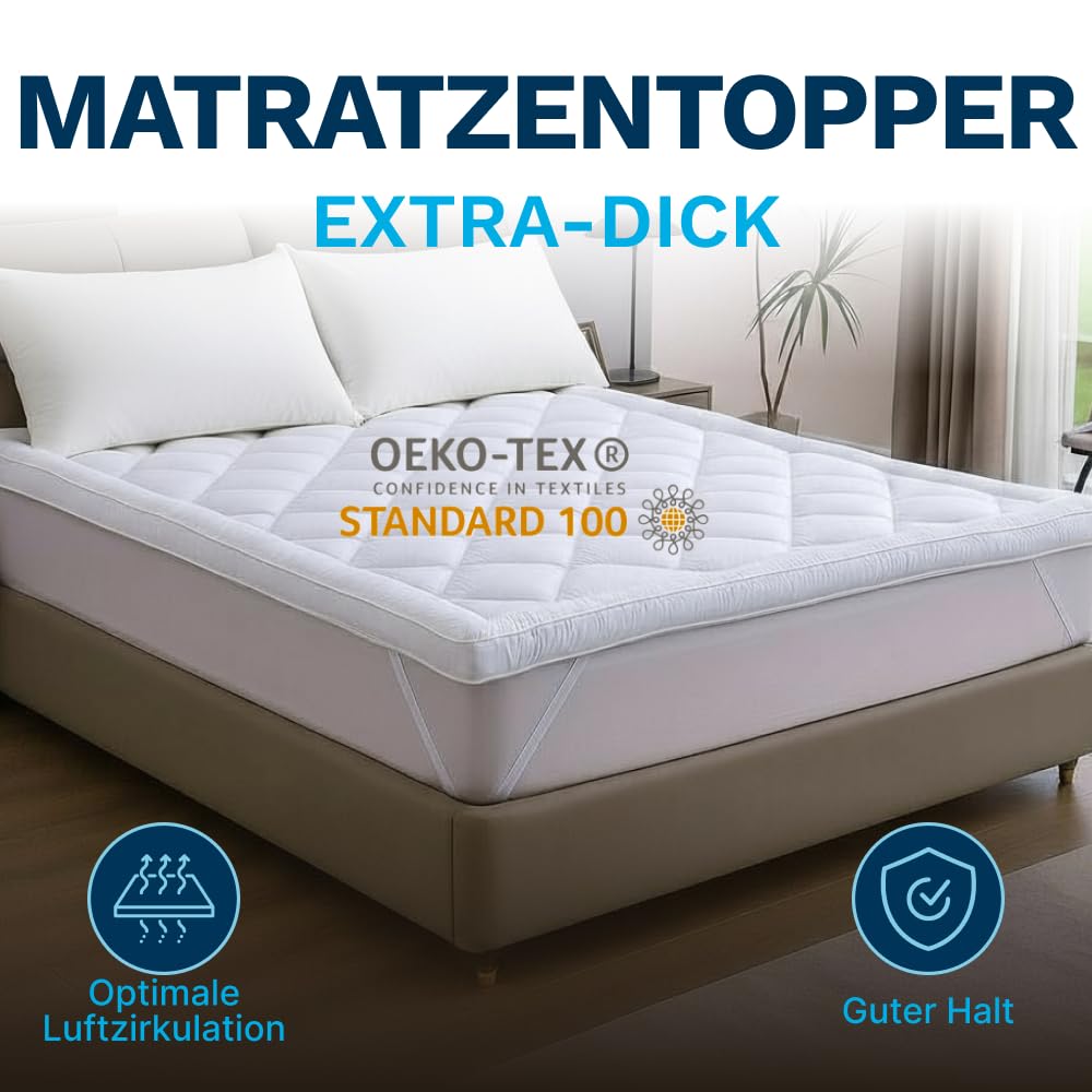Komfort-Matratzenauflage 160x200 cm - Atmungsaktive Mikrofaser, hypoallergen und milbenhemmend, 800 g Füllung - rutschfest mit Gummibändern - Ideal für 2 Personen.