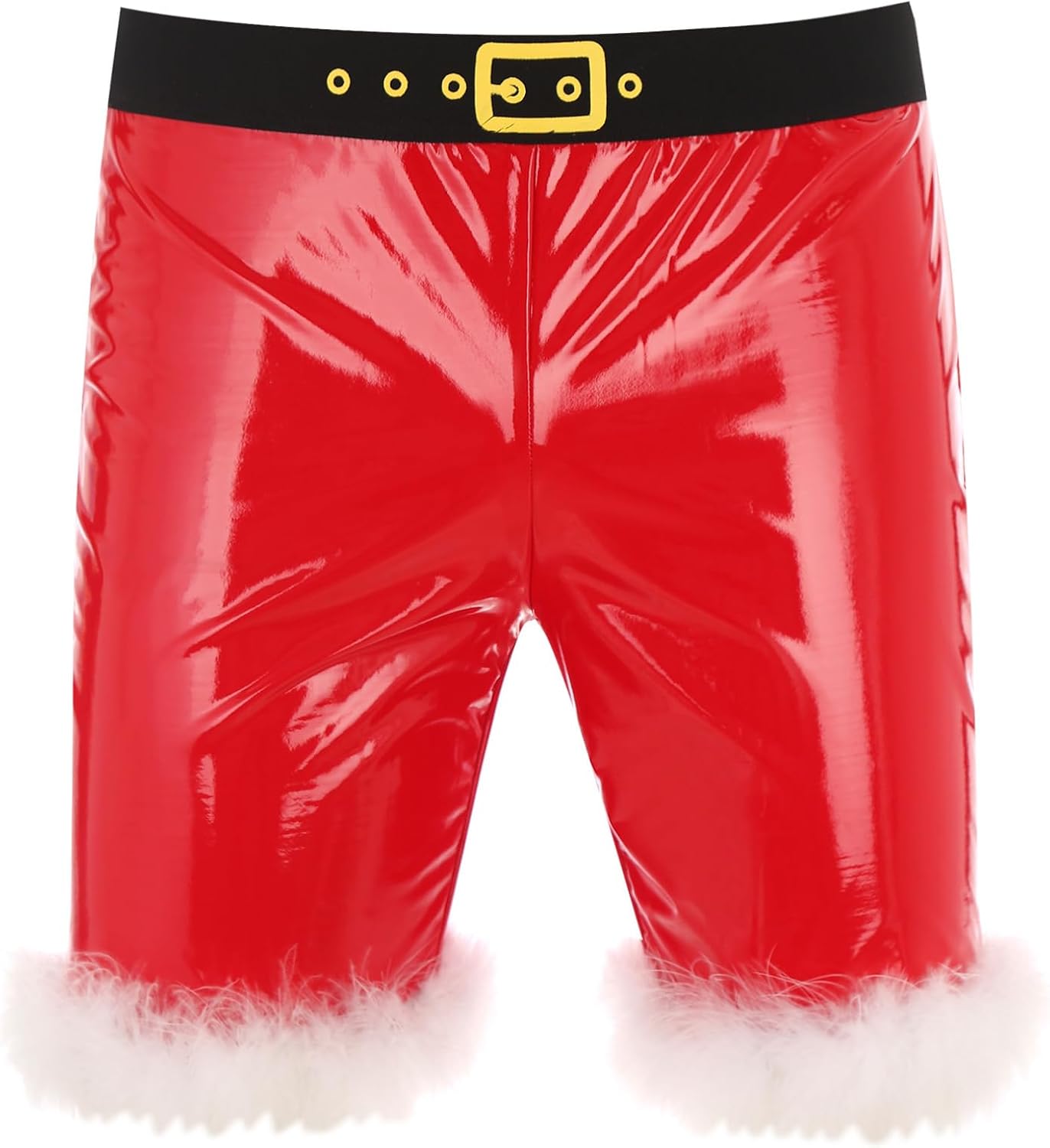 Shinsto Men's Christmas Boxer Briefs Wet Look Patent Leather Trunks Underwear Feather Trim Shorts